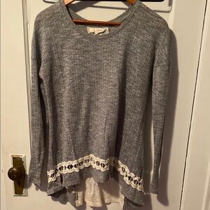 Gray Long Sleeve Sweater with Lace Trim